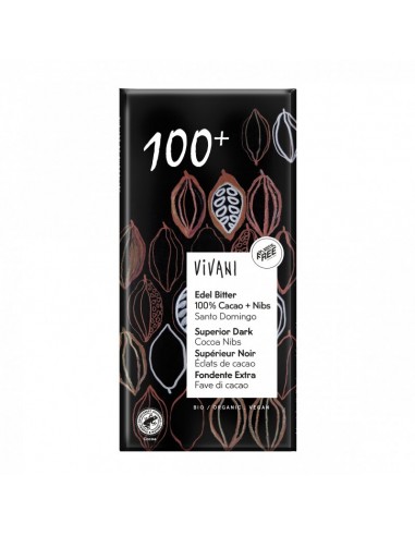 Chocolate BIO negro superior 100% con nibs de cacao  80gr - vivani